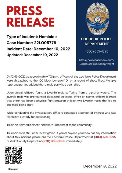 Lochbuie Police Department Press Release